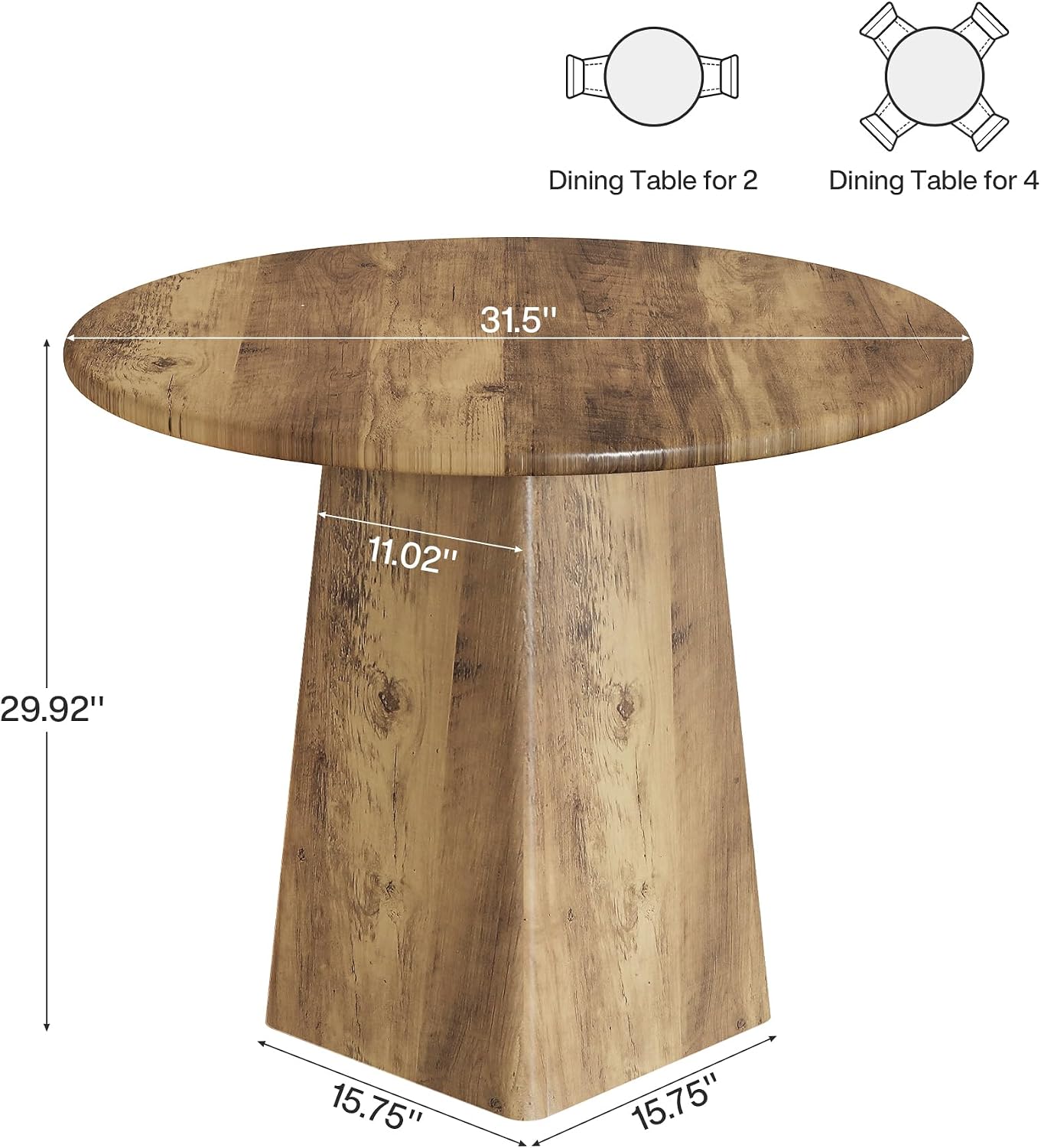 31.5 Inch Round Dining Table for 2-4, Rustic Brown - Image 2