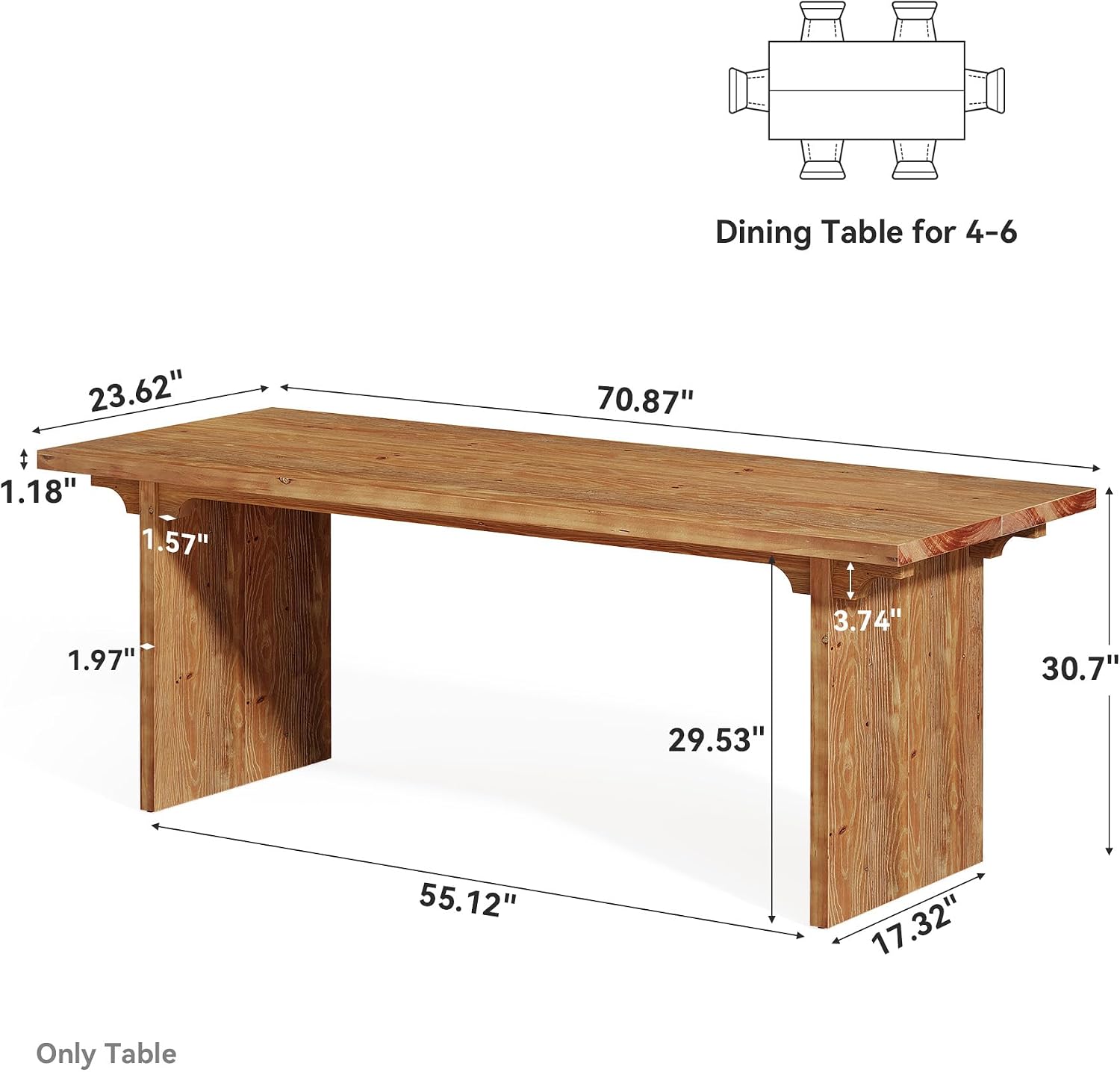 70.87 Inch Solid Wood Dining Table for 4-6 - Image 2