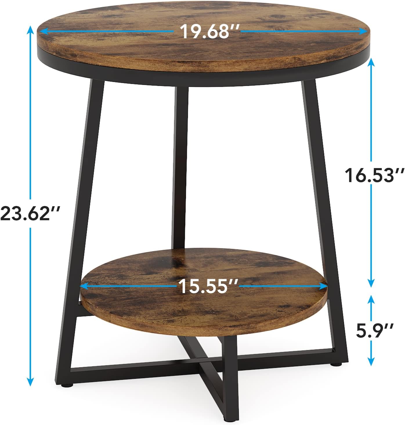 Two-Tier Round End Table with Storage Shelf, Rustic Brown - Image 2