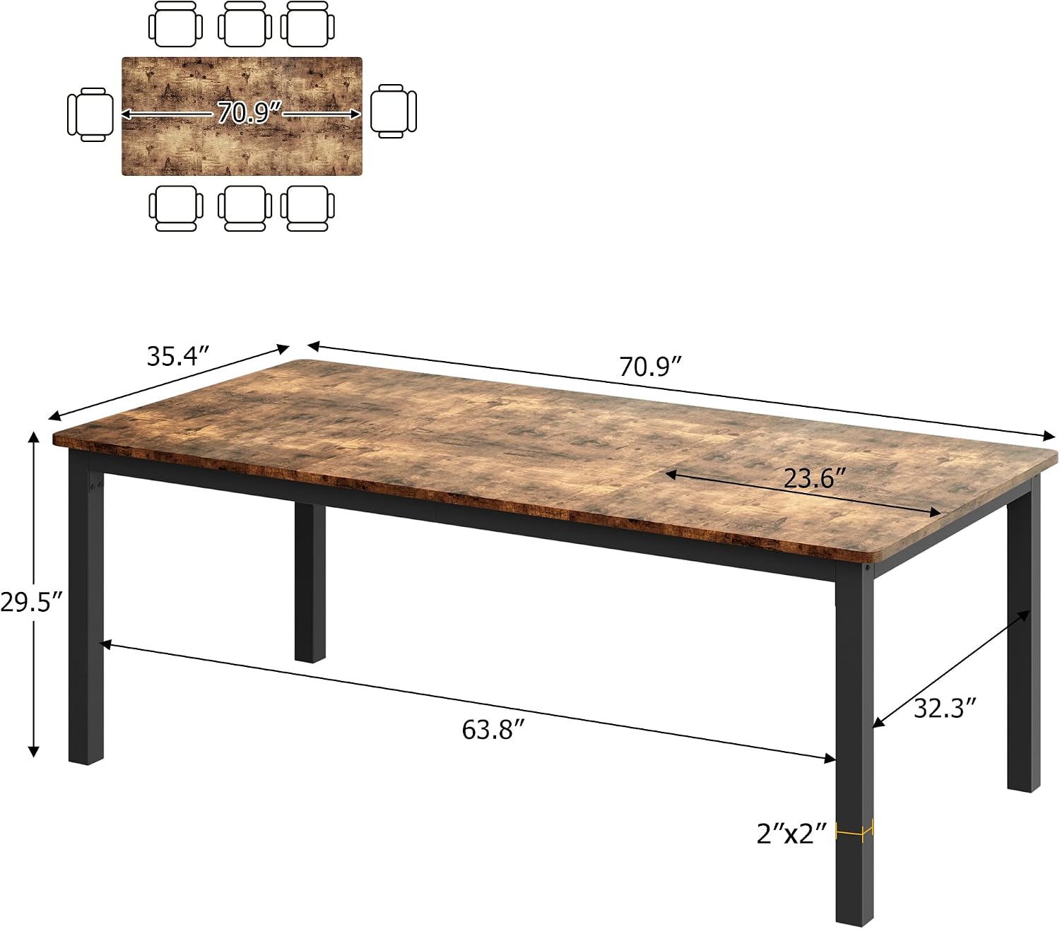 71 Inch Industrial Dining Table with Metal Legs, Retro Brown - Image 2