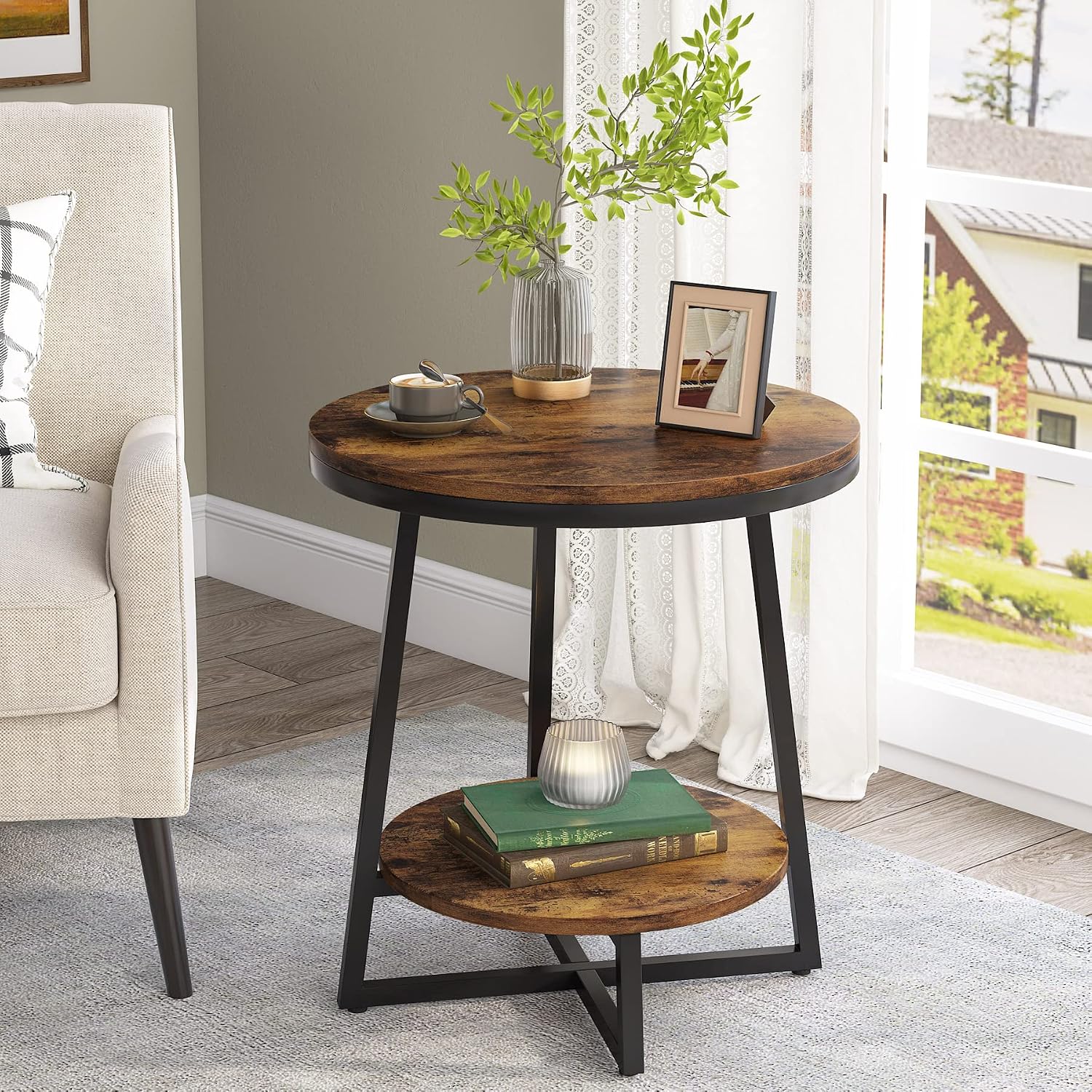 Two-Tier Round End Table with Storage Shelf, Rustic Brown