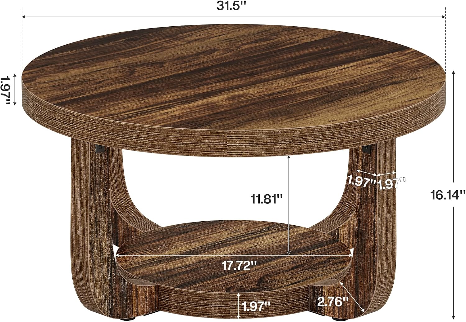 Round Two-Tier Coffee Table with Storage, Dark Brown - Image 2
